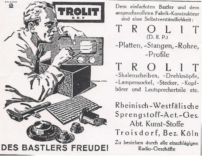 A 1928 advertisement for Trolit from the RWS company. Troisdorfer Kunststoff-Museum e.V.