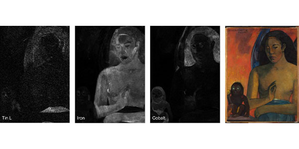 Elemental maps from MA-XRF analysis showing strong response of tin, but weak response of iron and cobalt, in the sarong. Maps source: Kate Smith  Painting source: Poèmes Barbares, Harvard Art Museums/Fogg Museum, Bequest from the Collection of Maurice Wertheim, Class of 1906, Photo ©President and Fellows of Harvard College, 1951.49 