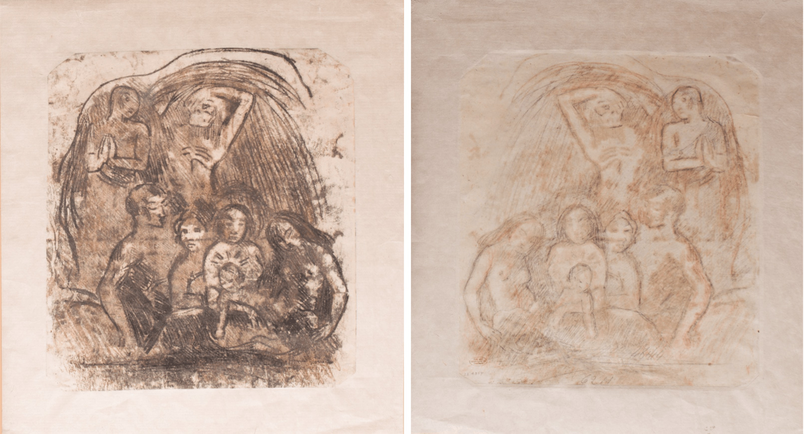 The left and right images depict the front and back, respectively, of Gauguin's Nativity (1902). The Art Institute of Chicago