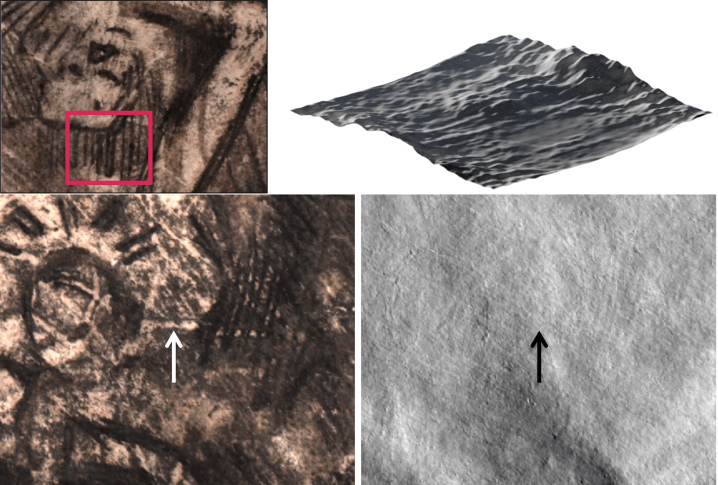 Subtle topographical features reveal printmaking techniques. Visible in the top left panel and the top right 3D rendering are line protrusions from the monotype printing. In the bottom left image, one area of 'blind incision' is marked by the arrow. In the bottom right panel, the corresponding area is pictured after photometric stereo.
