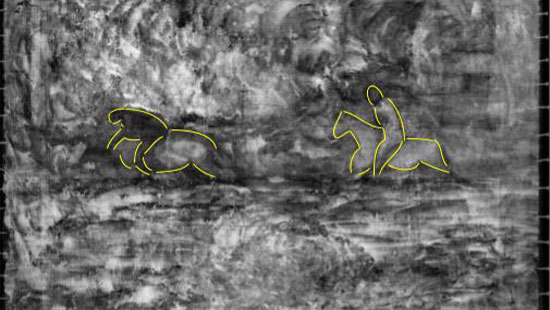 The computed x-radiograph of “Poèmes Barbares” rotated 90 degrees counterclockwise to landscape orientation. The team at Harvard Art Museums noticed what looked like two riders on horseback in the middle ground. Photo: Kate Smith