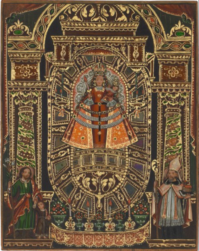 “Our Lady of Copacabana” with trapezoidal mica inlay surrounding the Virgin to mimic mirror or polished silver in the real alter Source: Public domain, courtesy of the Carl & Marilynn Thoma Foundation, photo by Jamie Stukenberg.