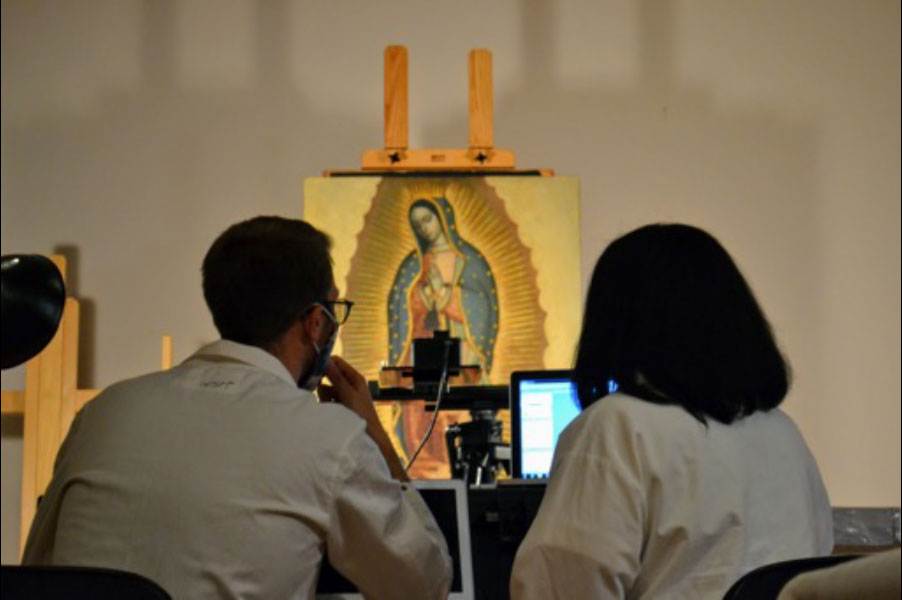NU-ACCESS researchers Marc Vermeulen (left) and Alicia McGeachy (right) conducting hyperspectral imaging analysis of the “Virgin of Guadalupe” at the National Museum of Mexican Art Source: Maggie Galloway