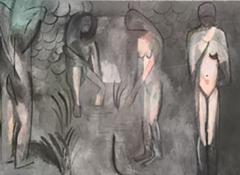 Abstract painting of bathing figures in gray tones with some color