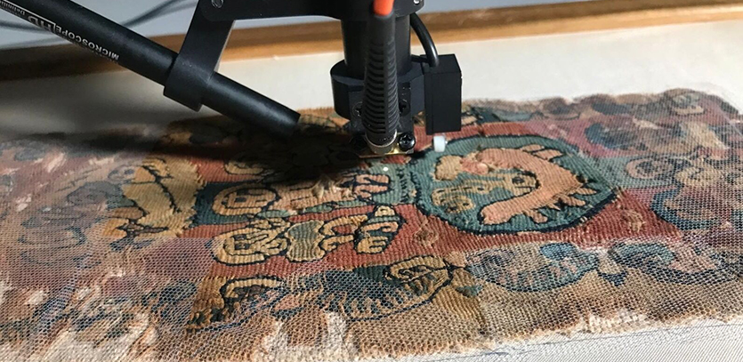 Microfade testing (MFT) is performed on ancient Egyptian textiles to evaluate dye lightfastness.