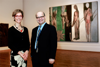 Center for Scientific Studies in the Arts co-directors Aggelos Katsaggelos and Francesca Casadio stand in front of Matisse's Bathers by the River.