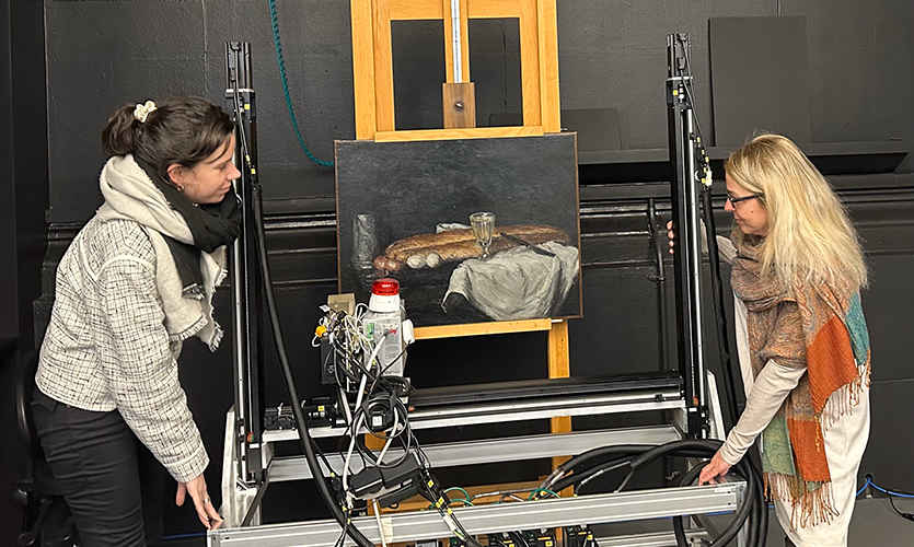 de La Codre and Center senior scientist Maria Kokkori set up the MA-XRF scanning stage to perform the analysis onsite at the Cincinnati Museum of Art.