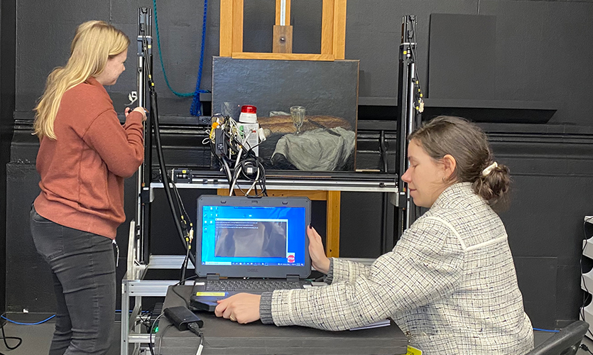 Post-doctoral fellows Madeline Meier and Hortense de La Codre set up the macro X-ray fluorescence (MA-XRF) stage for elemental mapping of the pigments in Paul Cezanne’s Still Life with Bread and Eggs.