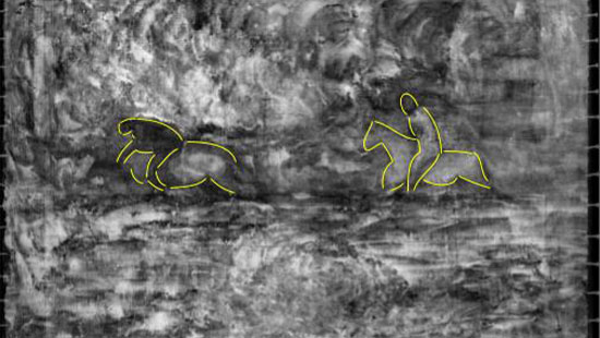 The computed x-radiograph of “Poèmes Barbares” rotated 90 degrees counterclockwise to landscape orientation. The team at Harvard Art Museums noticed what looked like two riders on horseback in the middle ground. Photo: Kate Smith, Harvard Art Museum