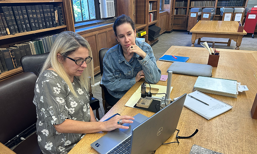 Center senior scientist Maria Kokkori, seen here with de La Codre, is sanguine about the inevitabiility of decay—that was the artist’s intention.