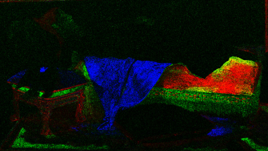 MA-XRF RGB (Fe red, Hg green, Cr blue) elemental map obtained for Reverie d’ amour, Ramón Frade